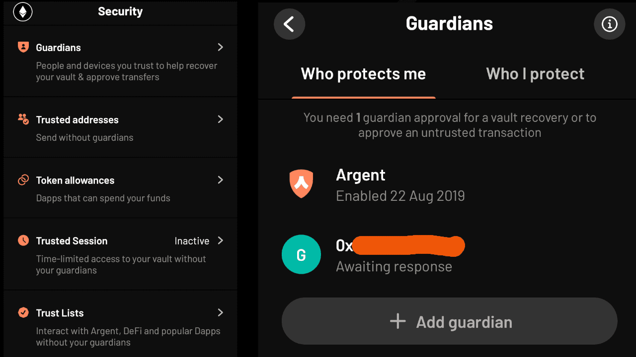 Argent wallet security options example from the guide